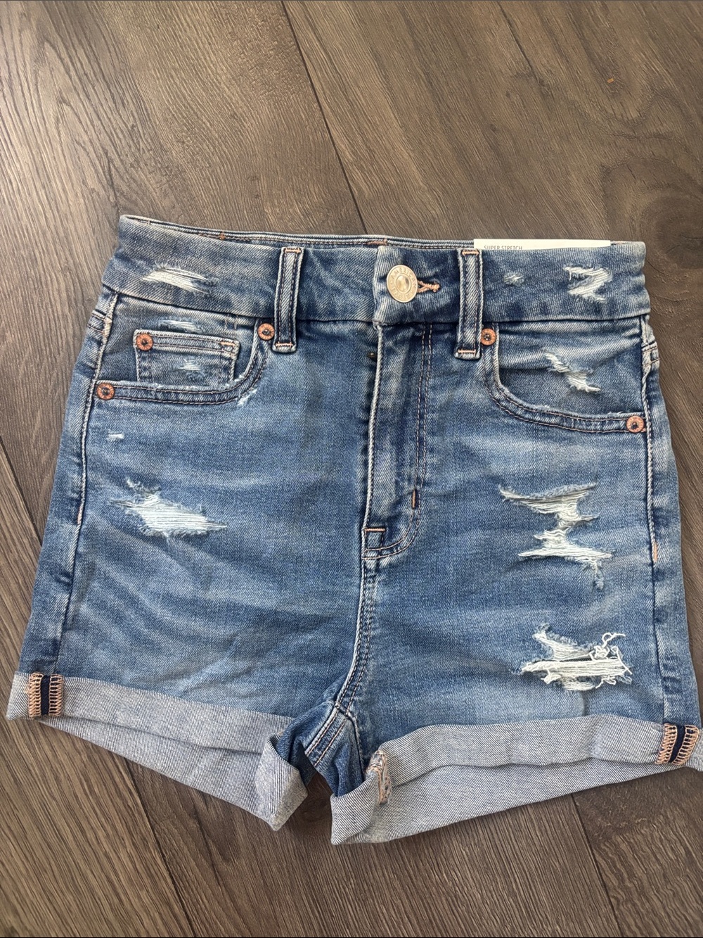 American Eagle Distressed Curvy High Rise Shortie Super Stretch Denim Shorts NWT